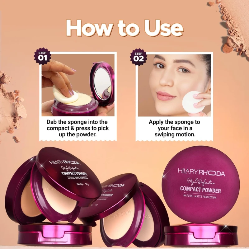 Hilary Rhoda Compact Powder | Ivory | 2-in-1 Pressed Powder with Mirror & Puff | Shimmery & HD Matte Finish With Long Lasting Coverage| Oil Control | (My Ivory - Shade 01)-18g - Thumbnail 7